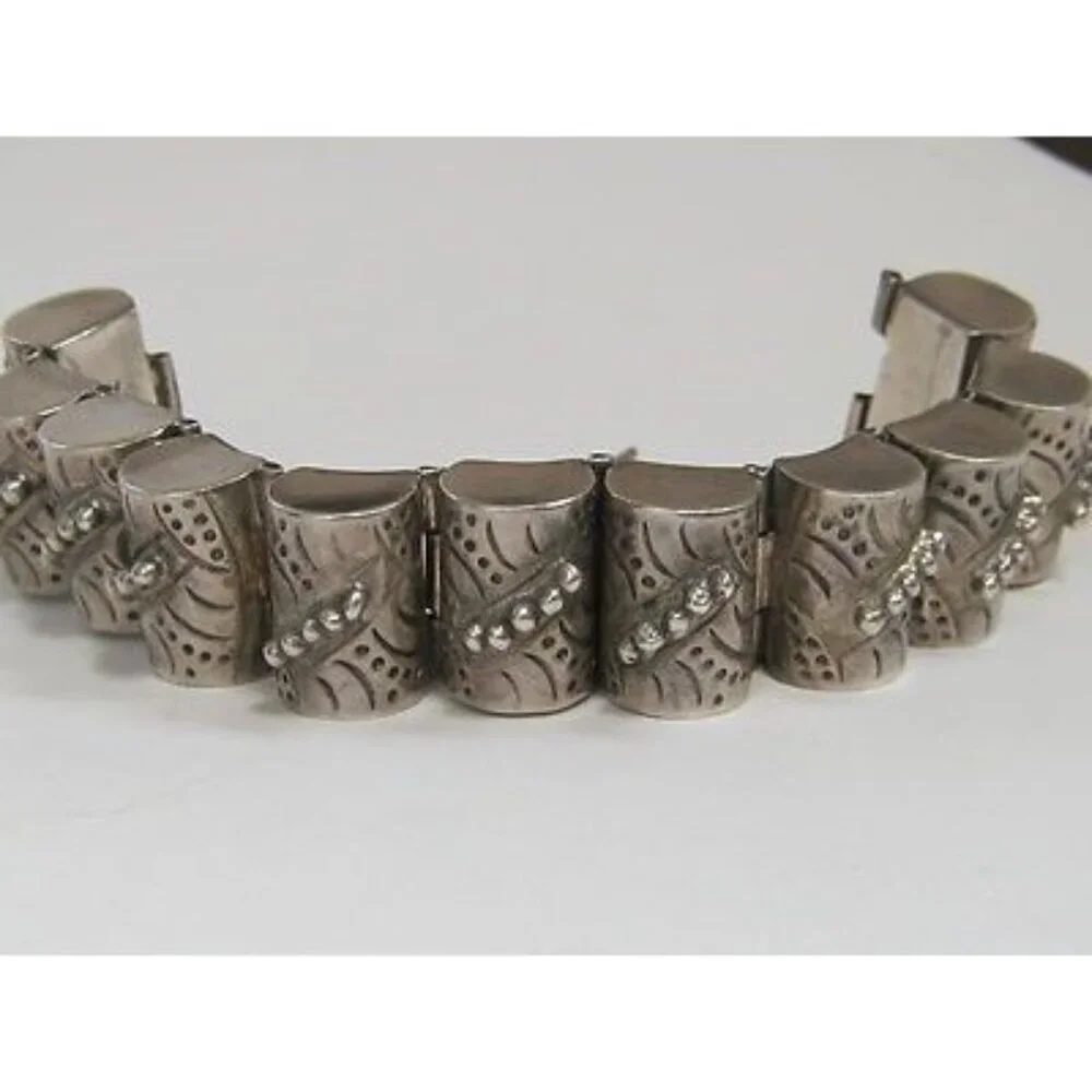 Heavy Solid Vtg Mexican Sterling Silver Barrel Link Bracelet 83g Handmade - Picture 2 of 8